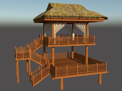 Two Story Wooden Pavilion Structure With Thatch Roof Spiral Staircase And Railings 3d model