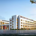 Modern Multi Story School Building Exterior With White Orange Walls Large Windows And Greenery