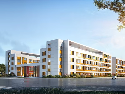 Modern Multi Story School Building Exterior With White Orange Walls Large Windows And Greenery 3d model
