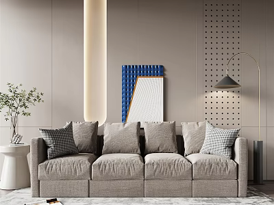 Stylish Multi Person Sofa With Gray Cushions Decorative Wall Art And Floor Lamp 3d model