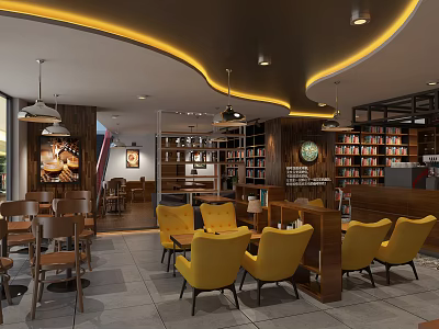 Cozy Cafe Interior With Yellow Armchairs Wooden Bookshelves And Pendant Lights 3d model