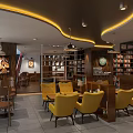 Cozy Cafe Interior With Yellow Armchairs Wooden Bookshelves And Pendant Lights
