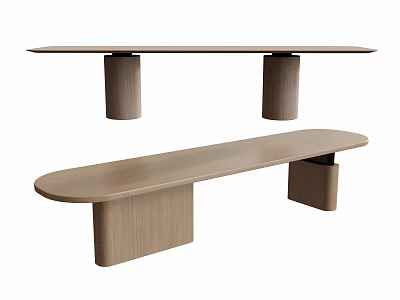 Minimalist Wooden Dining Table With Cylindrical Legs And Oval Matching Bench 3d model