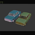 Two Blue and Green Vintage Toy Cars with Classic Retro Design