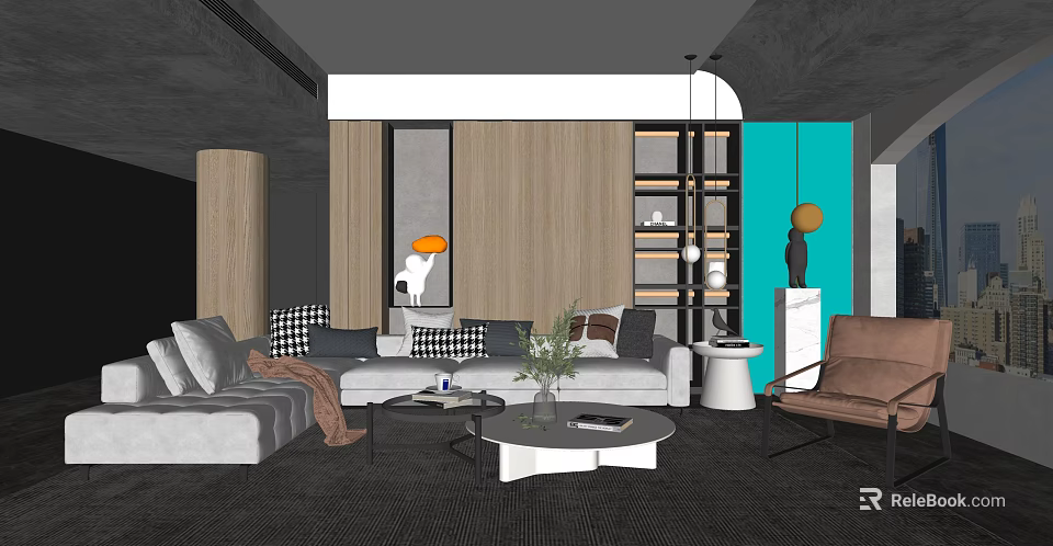 Modern Living Room Interior With Sofa Pillows Coffee Table And Wooden Wall 3d model 