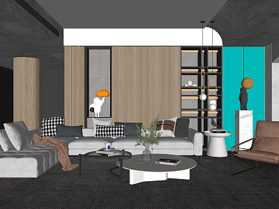 Modern Living Room Interior With Sofa Pillows Coffee Table And Wooden Wall 3d model