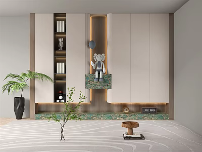 Modern Sleek Shoe Cabinet With Decorative Lighting And Potted Plant Decor 3d model