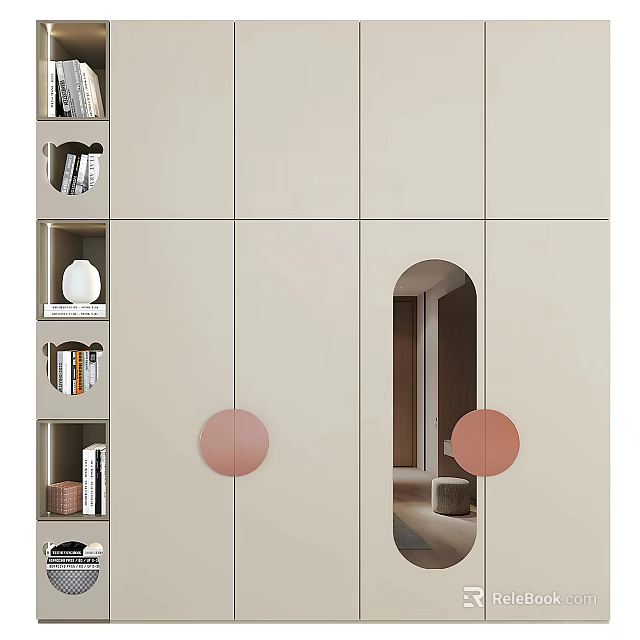 Beige Entryway Cabinet Sideboard With Round Pink Handles Oval Mirror And Storage Shelves 3d model 