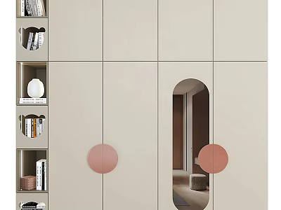 Beige Entryway Cabinet Sideboard With Round Pink Handles Oval Mirror And Storage Shelves 3d model