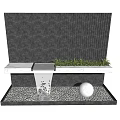 Wooden Slat Wall Garden Waterfall Feature With Marble Shelf Green Plants And Decorative Sphere