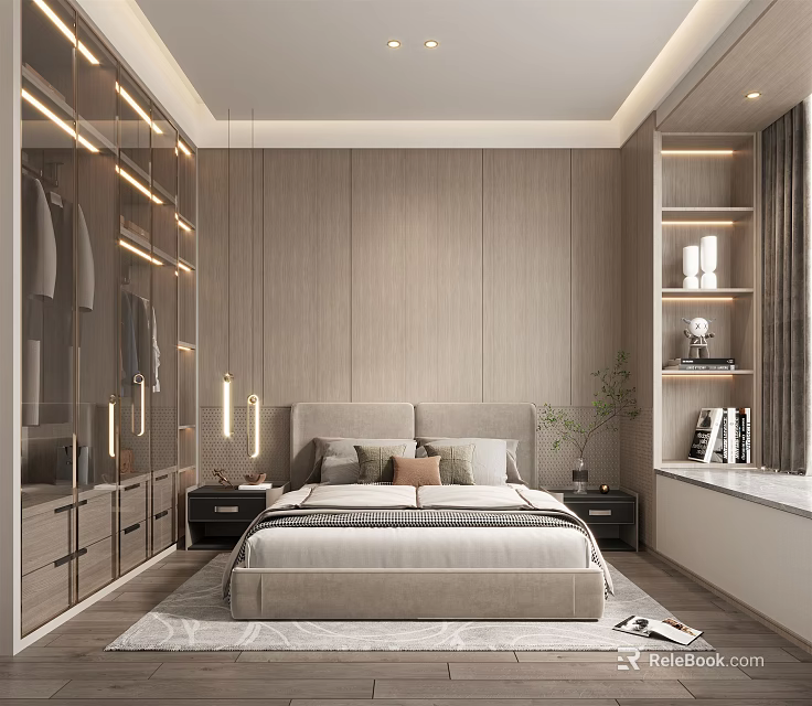 Modern Bedroom Interior With Wooden Walls Pendant Lights Built-in Wardrobe And Nightstands 3d model 