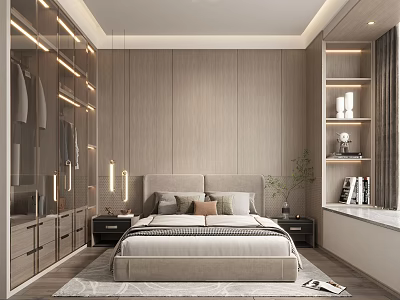 Modern Bedroom Interior With Wooden Walls Pendant Lights Built-in Wardrobe And Nightstands 3d model