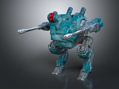 Sci Fi Combat Robot With Blue Green Armor Red Sensor Dual Cannons And Mechanical Legs 3d model