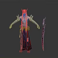 Fantasy Style Character With Red Horns Flowing Decorative Robe And Red Sword 3d model