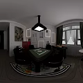 Stylish Dining Room Interior With Green Chairs Black Table Colorful Rug White Walls Pendant Light