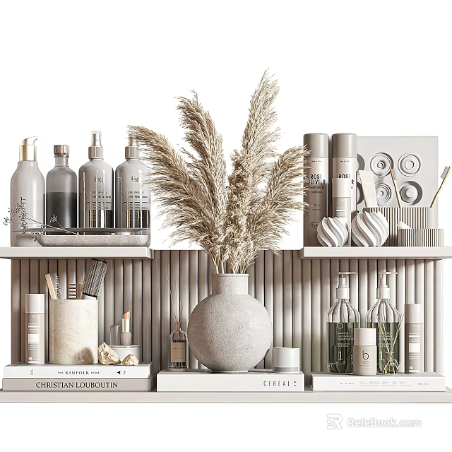 Minimalist Decorative Ornament Set With Vase Dried Pampas Grass Bottles On Display Shelf 3d model 