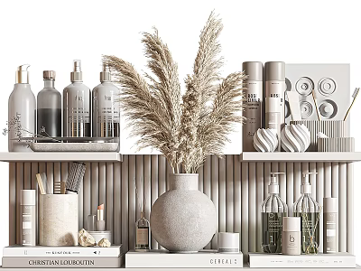 Minimalist Decorative Ornament Set With Vase Dried Pampas Grass Bottles On Display Shelf 3d model