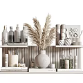 Minimalist Decorative Ornament Set With Vase Dried Pampas Grass Bottles On Display Shelf