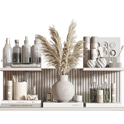 Minimalist Decorative Ornament Set With Vase Dried Pampas Grass Bottles On Display Shelf 3d model