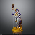 Woman Figure in Gold and Purple Outfit Holding Staff and Shield on Golden Base
