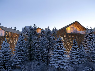 Detached Villa with Illuminated Gabled Roof Surrounded by Snow-Covered Pine Trees 3d model