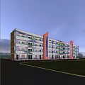 Modern Multistory School Building With Orange And White Exterior Green Landscaping And Pedestrians