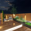 Serene Roof Garden With Wooden Deck Rattan Furniture Round Table Potted Plants Flowers And Shrubs