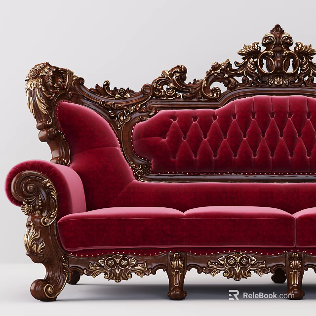 Elegant Three Seater Sofa With Red Velvet Upholstery And Ornate Gold Carvings 3d model 