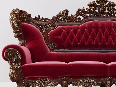 Elegant Three Seater Sofa With Red Velvet Upholstery And Ornate Gold Carvings 3d model
