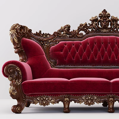 Elegant Three Seater Sofa With Red Velvet Upholstery And Ornate Gold Carvings 3d model