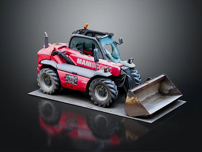 Red MANITOU Telescopic Forklift With Front Bucket On Reflective Display Base 3d model