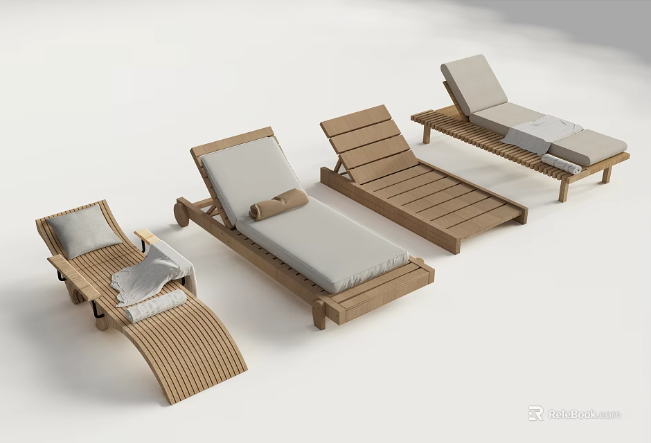 Wooden Outdoor Lounge Chairs With Light Gray Cushions And Various Designs 3d model 