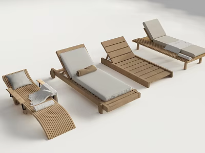 Wooden Outdoor Lounge Chairs With Light Gray Cushions And Various Designs 3d model