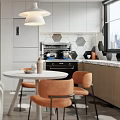 Modern Apartment Interior With Open Living Kitchen White Cabinets Round Table Orange Chairs Pendant Light
