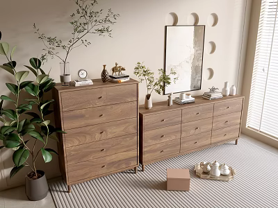 Wooden Entryway Cabinet and Side Cabinet Design with Decorative Plants Mirror and Home Decor 3d model