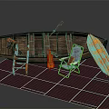 Vintage Wooden Boat With Colorful Chairs Oar And Surfboard On Checkered Mat