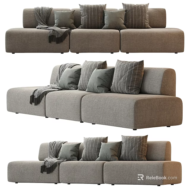 Modern Gray Three Seater Sofa with Soft Cushions and Throw Blanket 3d model