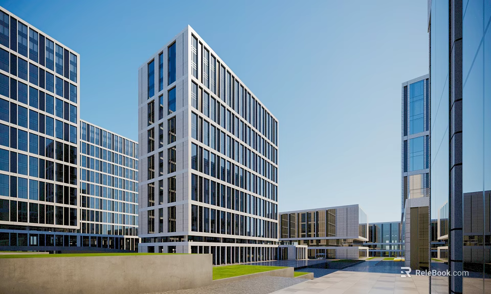 Modern Multiple Office Buildings With Glass Curtain Walls Green Lawn And Spacious Entrance 3d model 