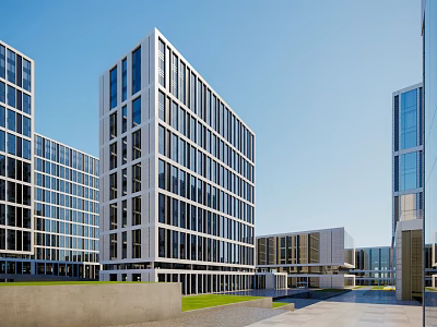 Modern Multiple Office Buildings With Glass Curtain Walls Green Lawn And Spacious Entrance 3d model