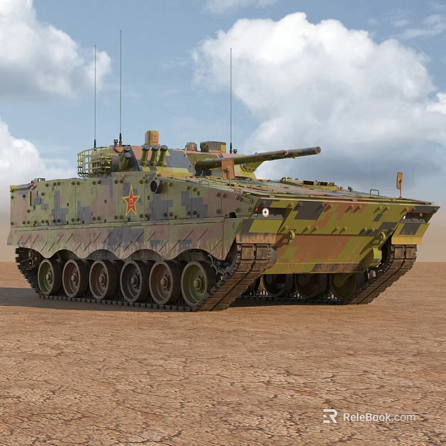 Military Tank With Camouflage Paint And Red Star In Desert Terrain Under Cloudy Sky 3d model 