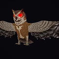 Owl With Spread Wings And Red Eyes Against Black Background