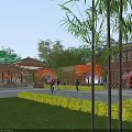 Wooden Structure Office Building With Sunflower Field Surrounding Trees And People Walking