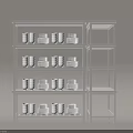 Dark Metal Display Shelves With Neatly Arranged White Mugs And Plates