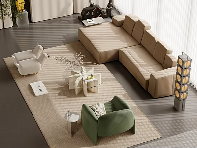 Modern Living Room Interior With Beige L shaped Sofa Glass Coffee Table And Green Armchair 3d model