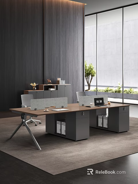 Modern Office Desk With Partition Screens Computer Monitors File Cabinets And Greenery 3d model 