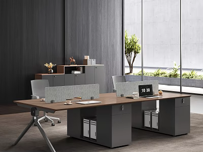 Modern Office Desk With Partition Screens Computer Monitors File Cabinets And Greenery 3d model