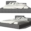 Modern Minimalist Double Bed With Gray Upholstered Headboard And White Bedding 3d model