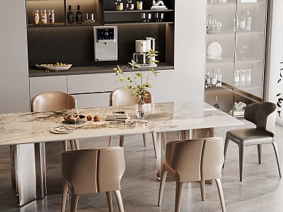 Modern Dining Table With Marble Top And Beige Chairs In Kitchen Setting With Tableware 3d model