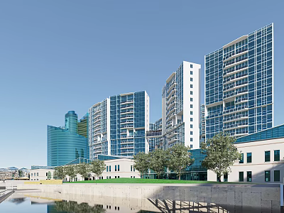 Modern High Rise Residential Buildings With Glass Facade And Waterfront Green Space 3d model
