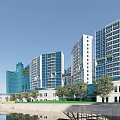 Modern High Rise Residential Buildings With Glass Facade And Waterfront Green Space